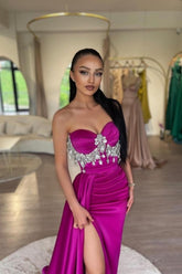 Stunning Purple Sweetheart A-Line Beaded Sleeveless Satin Panel Train Ruffle Evening Dresses With High Slit